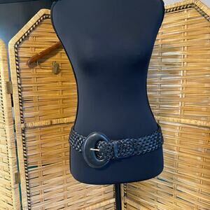 Vintage Black Woven Leather Belt Oval Buckle Adjustable